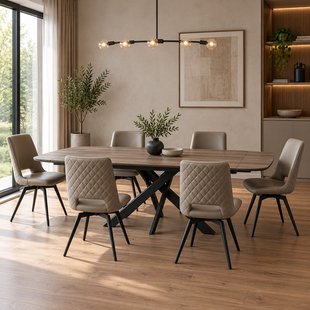 Carlton Furniture Florence Small Dining Table Set in Taupe Woodgrain with 6 Parma Truffle Swivel Chairs, shown fully extended with 6 chairs in a contemporary dining room.