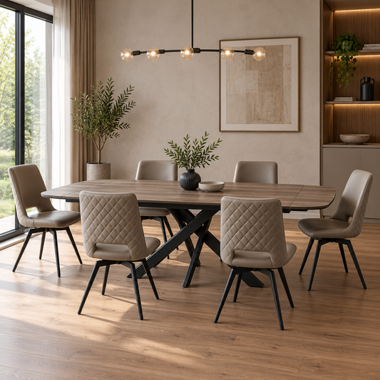 Carlton Furniture Florence Small Dining Table Set in Taupe Woodgrain with 6 Parma Truffle Swivel Chairs, shown fully extended with 6 chairs in a contemporary dining room.