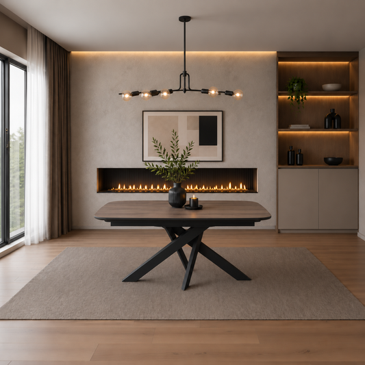 Carlton Furniture Florence Small dining table in taupe woodgrain, closed at 140cm, with black metal spider base and no chairs