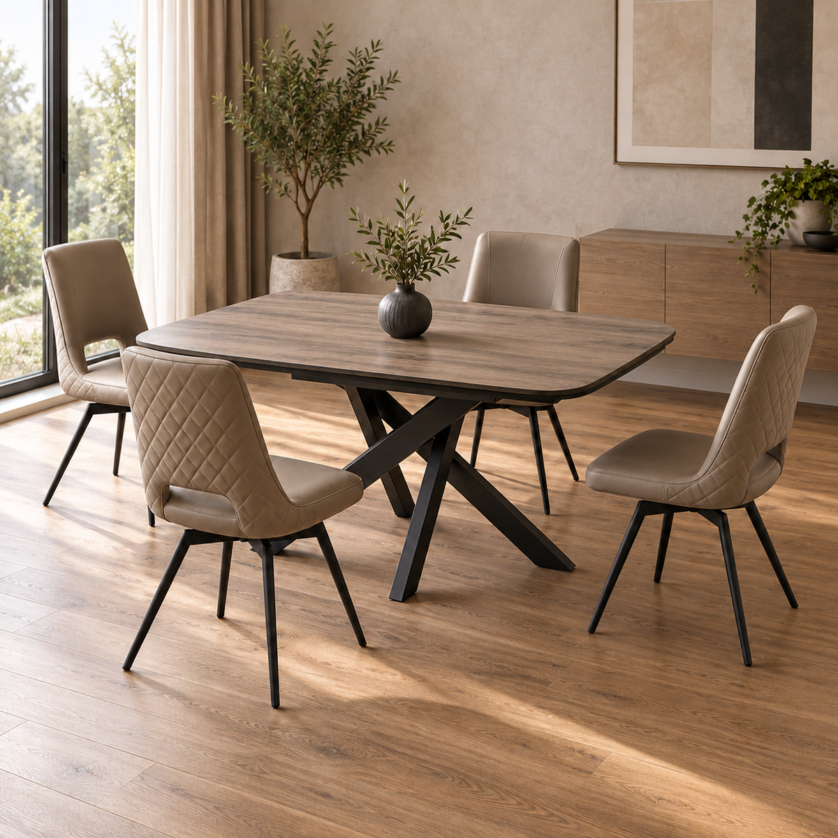Carlton Furniture Florence Small dining table in Taupe Woodgrain, shown closed with four Parma Truffle swivel chairs in a bright dining room.