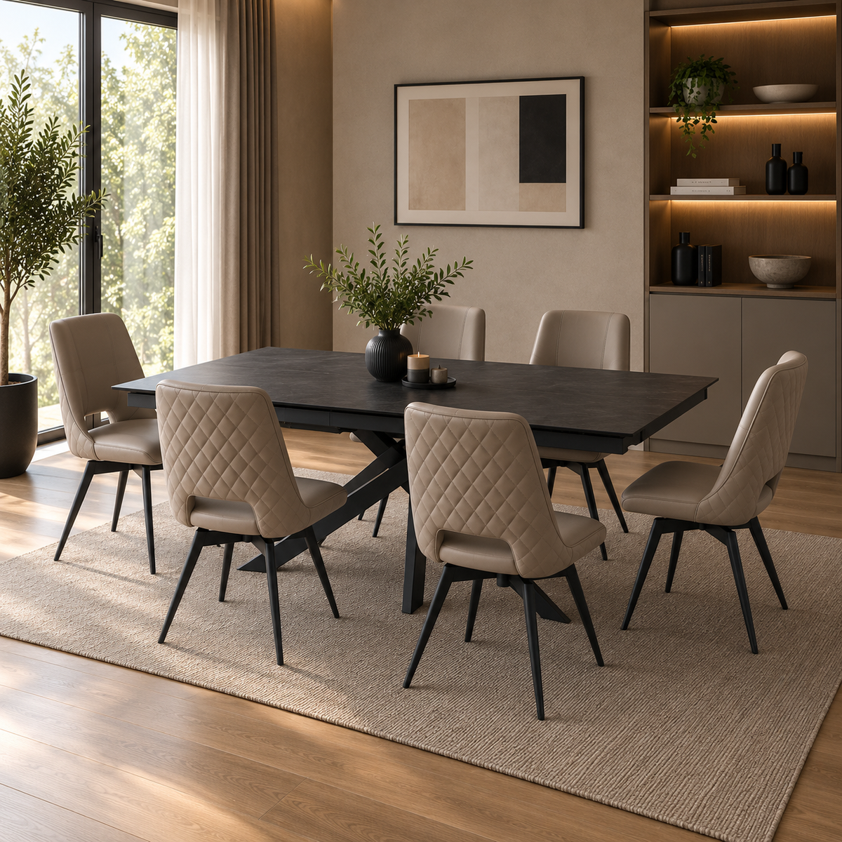 Carlton Furniture Ravenna Dining Table Set in Ceramic Volcano with 6 Parma Truffle Swivel Chairs, shown closed with 6 chairs in a contemporary dining room.