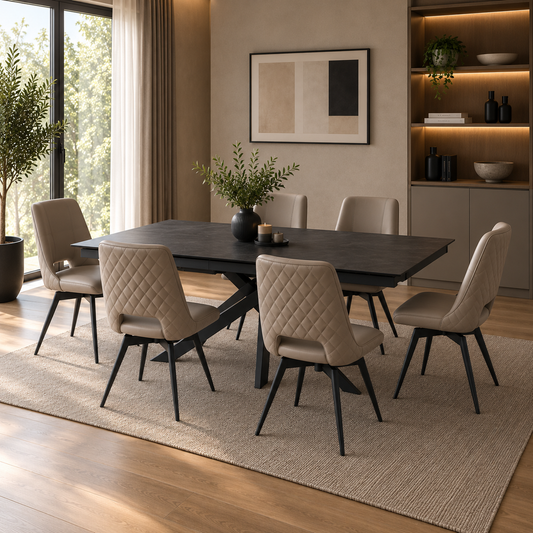 Carlton Furniture Ravenna Dining Table Set in Ceramic Volcano with 6 Parma Truffle Swivel Chairs, shown closed with 6 chairs in a contemporary dining room.