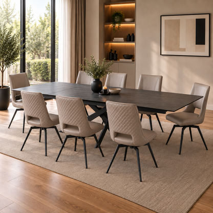 Carlton Furniture Ravenna Dining Table Set in Ceramic Volcano with 8 Parma Truffle Swivel Chairs, shown fully extended with 8 chairs in a contemporary dining room.