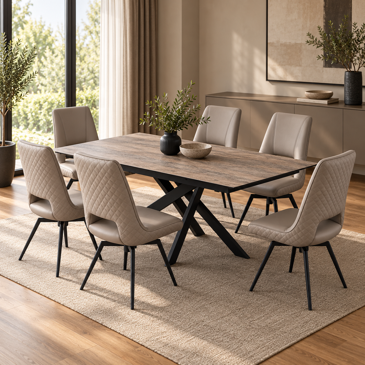 Carlton Furniture Ravenna Dining Table Set in Taupe Woodgrain with 6 Parma Truffle Swivel Chairs, shown closed with 6 chairs in a contemporary dining room.