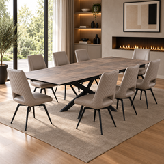 Carlton Furniture Ravenna Dining Table Set in Taupe Woodgrain with 8 Parma Truffle Swivel Chairs, shown fully extended with 8 chairs in a contemporary dining room.
