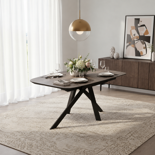 Carlton Furniture Florence Large extending dining table in Taupe Woodgrain, closed at 190cm, with black metal spider base and no chairs