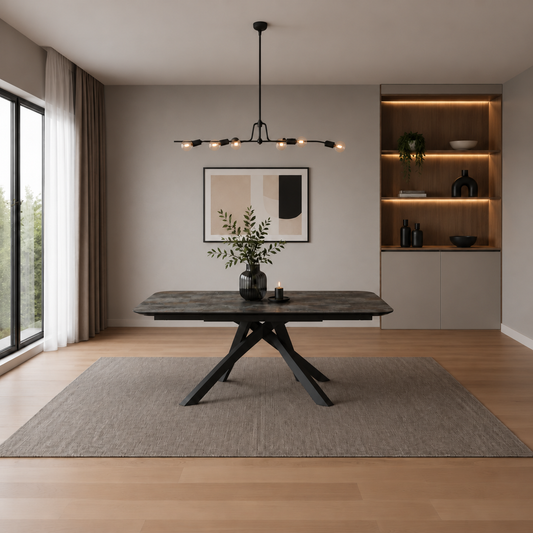 Carlton Furniture Florence Large extending dining table in Ceramic Volcano, closed at 190cm, with black metal spider base and no chairs