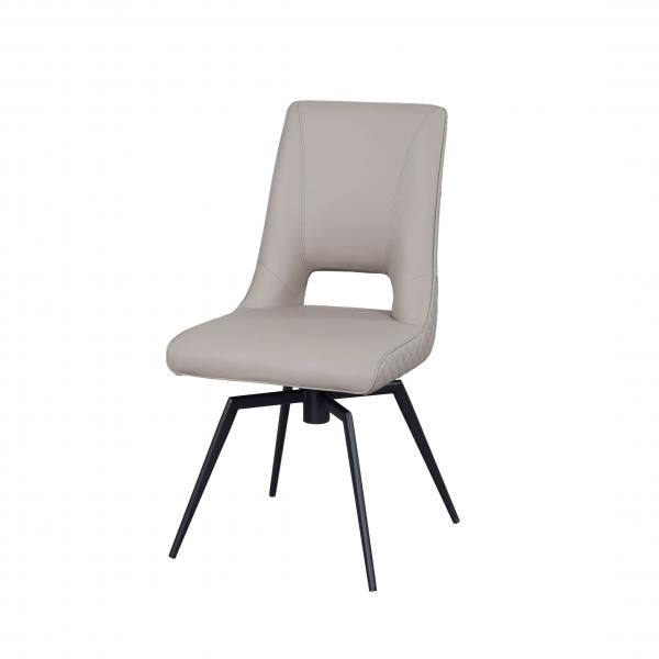 Parma Truffle PU swivel dining chair showing the padded smooth front, lower-back opening and black splayed metal legs.