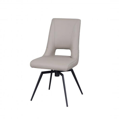 Parma Truffle PU swivel dining chair showing the padded smooth front, lower-back opening and black splayed metal legs.