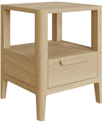 Carlton Furniture Andersson Lamp Table in natural oak, with a lower storage drawer and a shelf