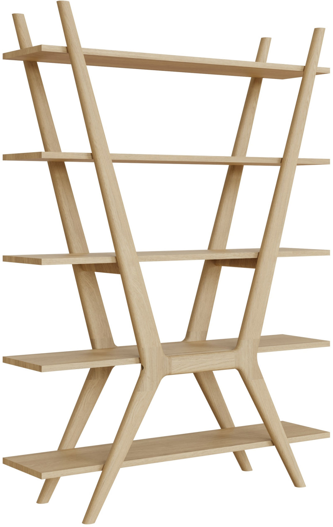 Carlton Furniture Andersson Oxbow Bookcase with 5 open shelves and a distinctive crossed frame in a natural solid oak wood
