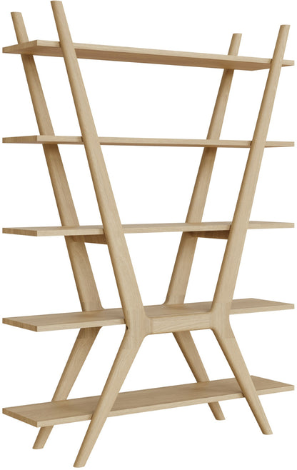 Carlton Furniture Andersson Oxbow Bookcase with 5 open shelves and a distinctive crossed frame in a natural solid oak wood