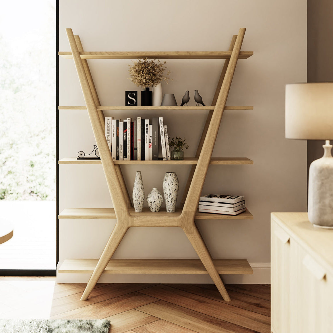 Carlton Furniture Andersson Oxbow Bookcase in natural oak wood with 5 open shelves and a distinctive frame