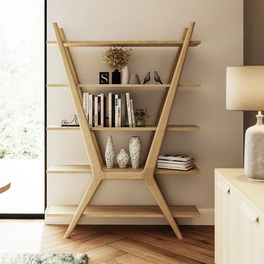 Carlton Furniture Andersson Oxbow Bookcase in natural oak wood with 5 open shelves and a distinctive frame
