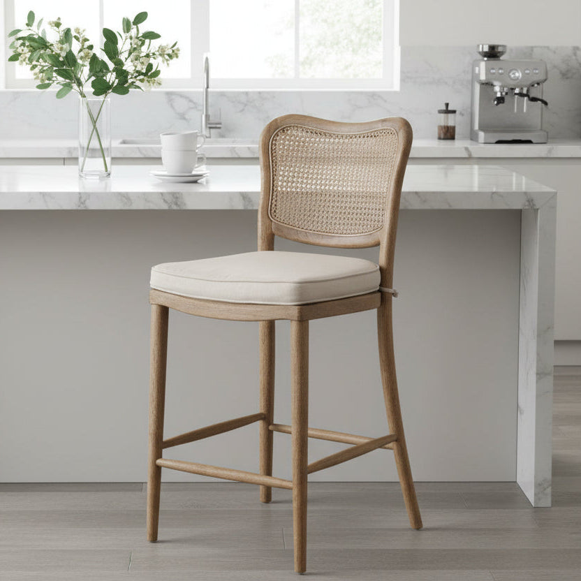 Carlton Furniture Anouk Barstool with woven rattan backrest and a natural colour Upholstered Seat Pad