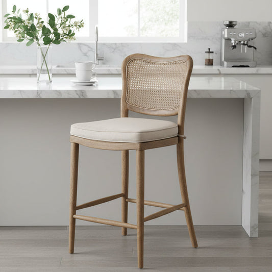 Carlton Furniture Anouk Barstool with woven rattan backrest and a natural colour Upholstered Seat Pad