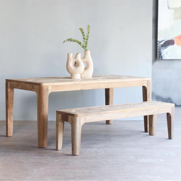 Carlton Furniture Arch 160cm Dining Table in Recycled Teak, features a rounded edged rectangular table top with arched leg profile, can seat 4-6 people