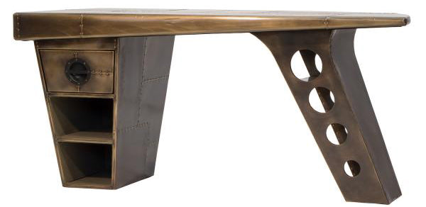 Carlton Furniture Aviator Half Wing Desk in a Vintage Brass finish with integrated drawer and lower shelving