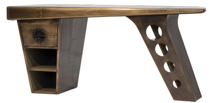 Carlton Furniture Aviator Half Wing Desk in a Vintage Brass finish with integrated drawer and lower shelving