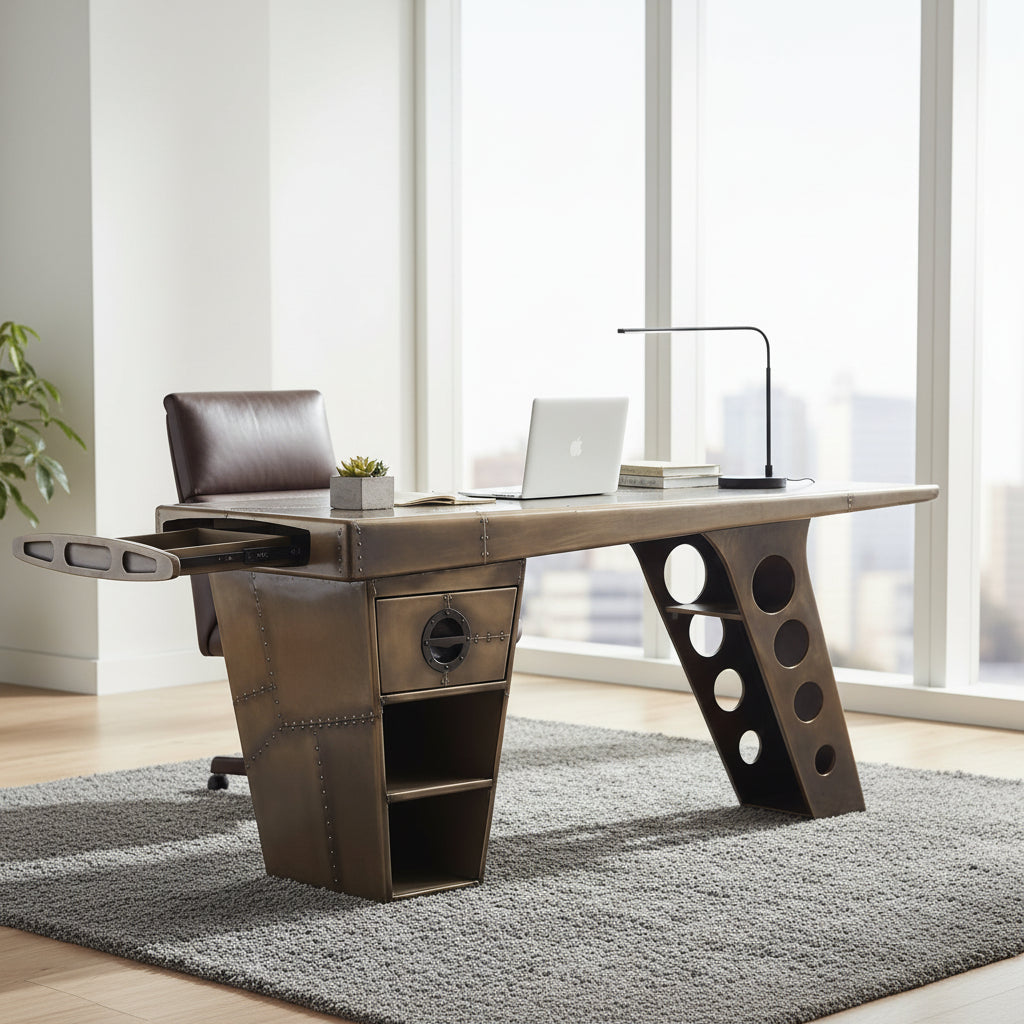 Carlton Furniture Aviator Half Wing Desk in Vintage Brass features a wing shaped desk top, integrated hidden storage compartment, a top drawer and 2 lower shelves
