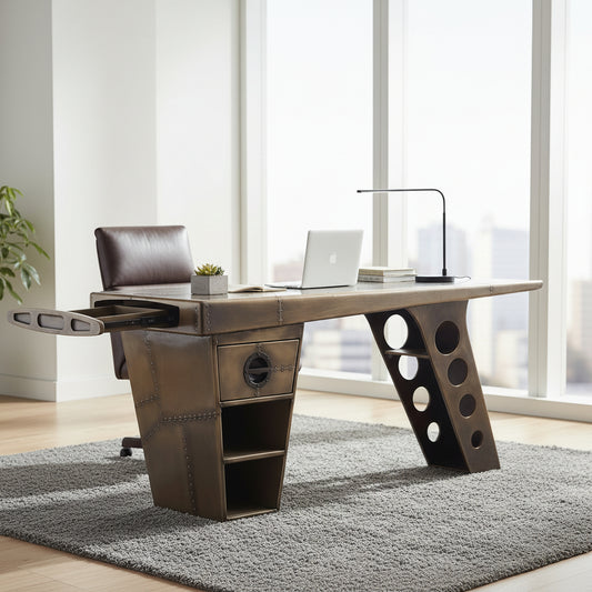 Carlton Furniture Aviator Half Wing Desk in Vintage Brass features a wing shaped desk top, integrated hidden storage compartment, a top drawer and 2 lower shelves