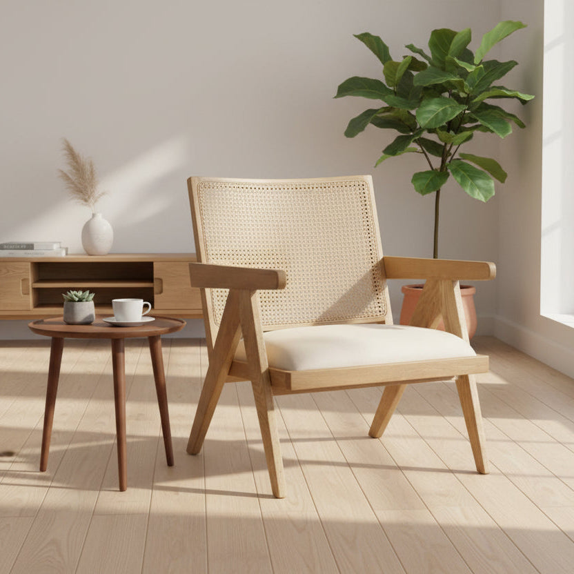 Carlton Furniture Brockwell Leisure Chair features a woven rattan backrest with a warm wooden frame and cushioned seat in a natural coloured linen fabric