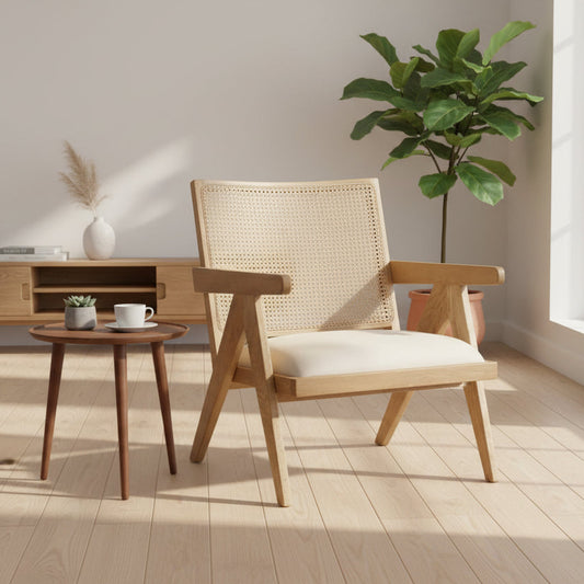 Carlton Furniture Brockwell Leisure Chair features a woven rattan backrest with a warm wooden frame and cushioned seat in a natural coloured linen fabric