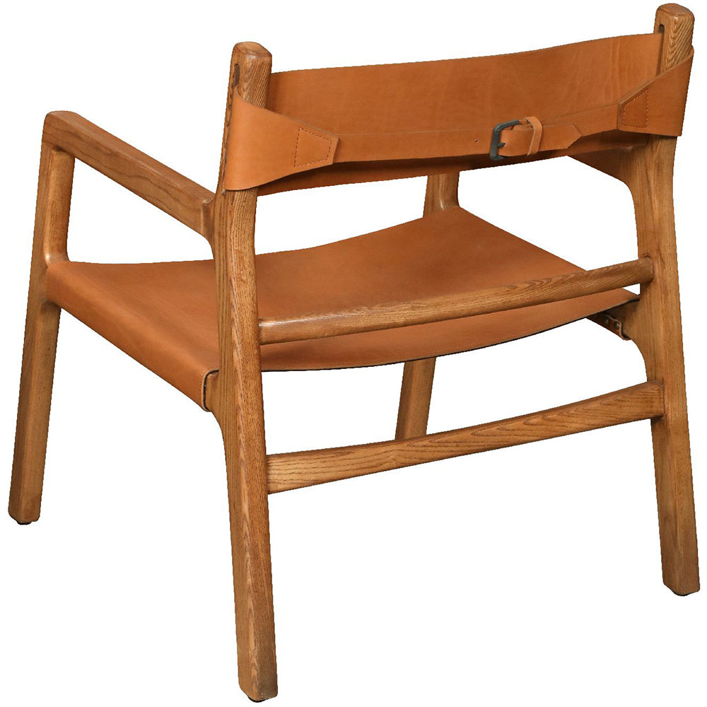 The Carlton Furniture Calne Easy Chair with tan leather seat and adjustable backrest, with a natural oak wood frame