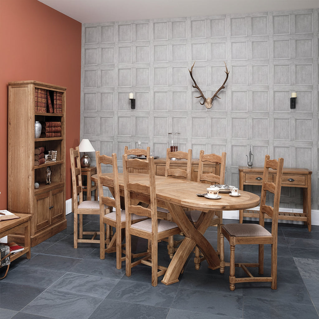 The Carlton Furniture Copeland 1800 Dining Table features a Cross Leg design, the oval table top extends to accommodate 8-12 people comfortably
