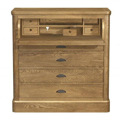 Carlton Furniture Copeland Chest Desk features multiple storage drawers and a fold down desk with hidden compartments & cable access, traditional cup handles complement the premium oak construction