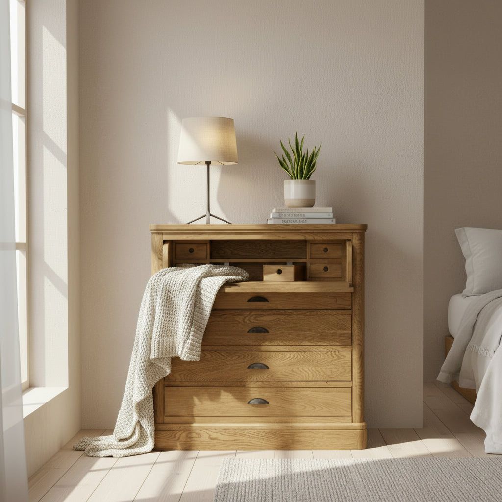 Carlton Furniture Copeland Chest Desk is crafted from solid oak wood and features 4 drawers and a pull down desk with additional storage compartments