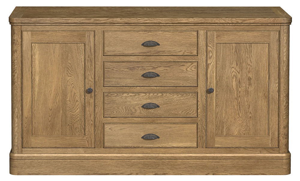 The Carlton Furniture Copeland Large Sideboard has 2 side cupboards and 4 middle drawers, crafted from solid natural oak wood, with metal handles