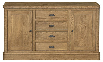 The Carlton Furniture Copeland Large Sideboard has 2 side cupboards and 4 middle drawers, crafted from solid natural oak wood, with metal handles