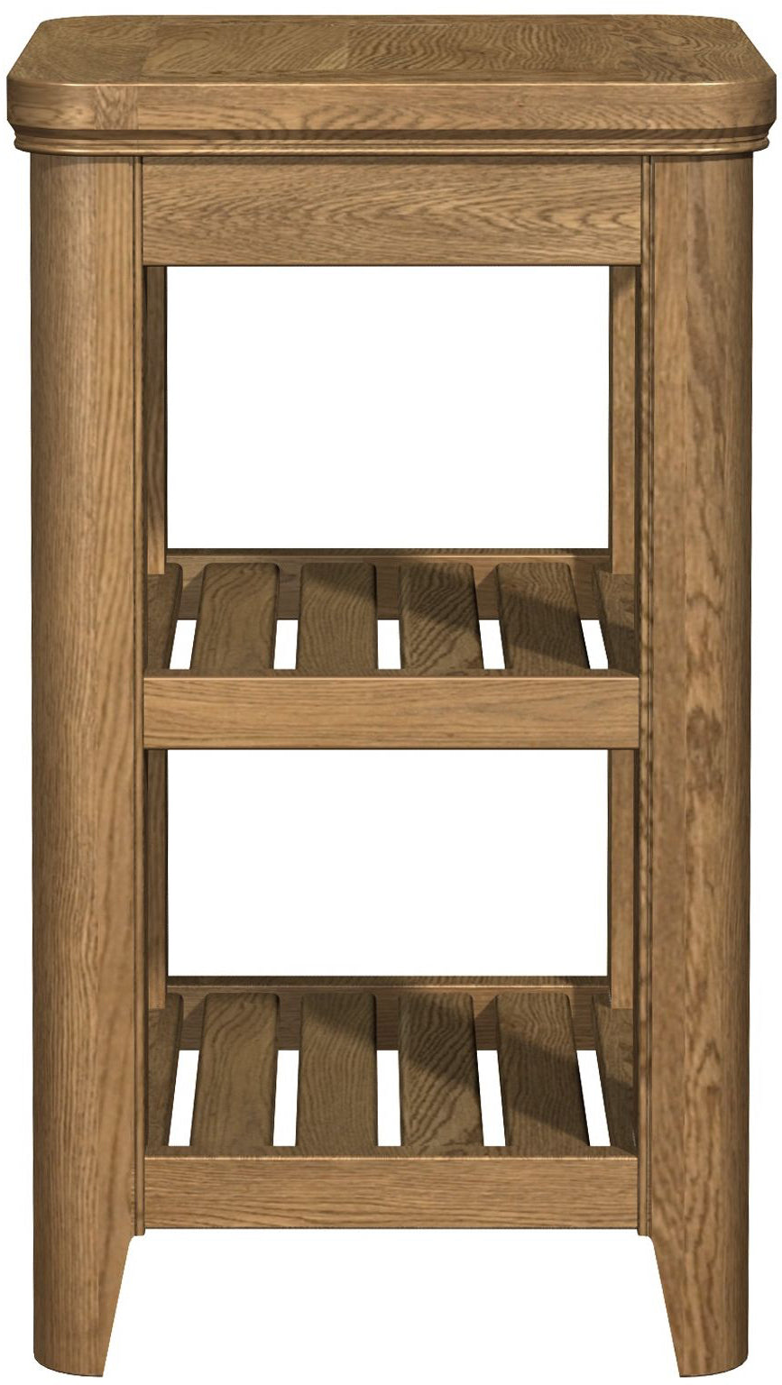 Carlton Furniture Copeland Tall Lamp Table is a slim tall side table with 2 lower shelves, crafted from natural solid oak wood
