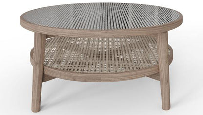 Carlton Furniture Holcot Rattan Round Coffee Table crafted from natural oak wood with a lower shelf