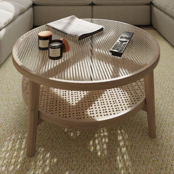 Carlton Furniture Holcot Rattan Coffee Table is a round glass top table with lower rattan shelf and natural oak wood frame