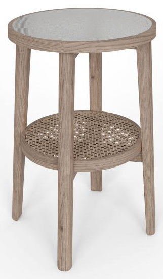 Carlton Furniture Holcot Rattan Side Table with round glass table top, rattan lower shelf and oak wood frame