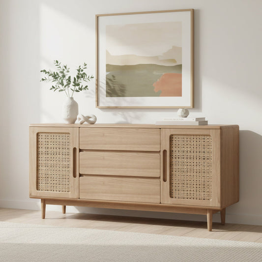 Carlton Furniture Holcot Rattan Standard 2 door, 3 drawer sideboard with rattan panels to the cupboard doors 