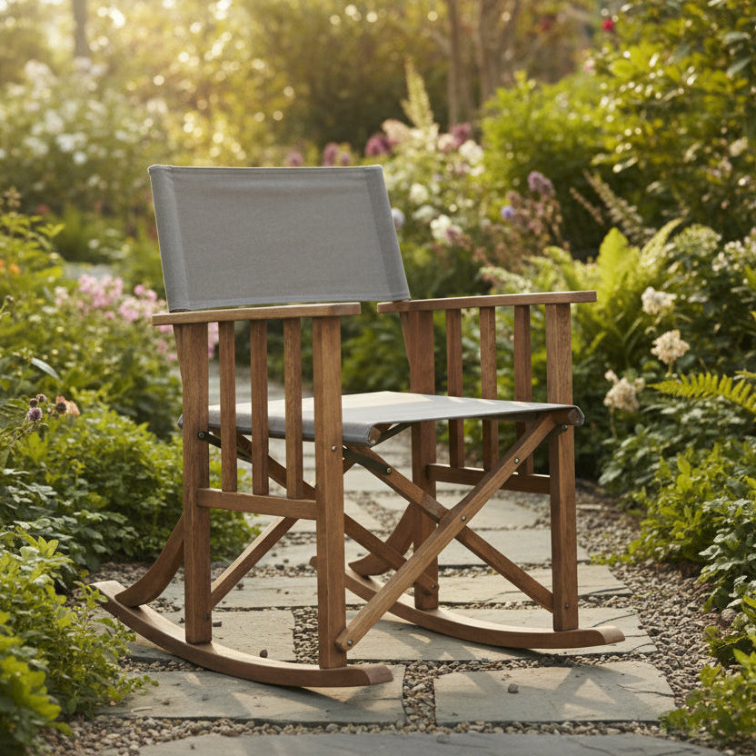 Carlton Furniture Howley Directors Rocking Chair with a canvas sling seat and backrest, and a solid wood frame with rocking feature and folding functionality for easy storage
