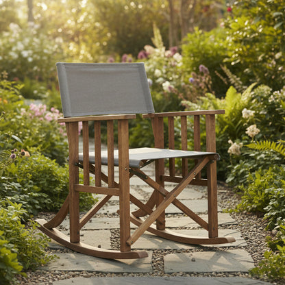 Carlton Furniture Howley Directors Rocking Chair with a canvas sling seat and backrest, and a solid wood frame with rocking feature and folding functionality for easy storage