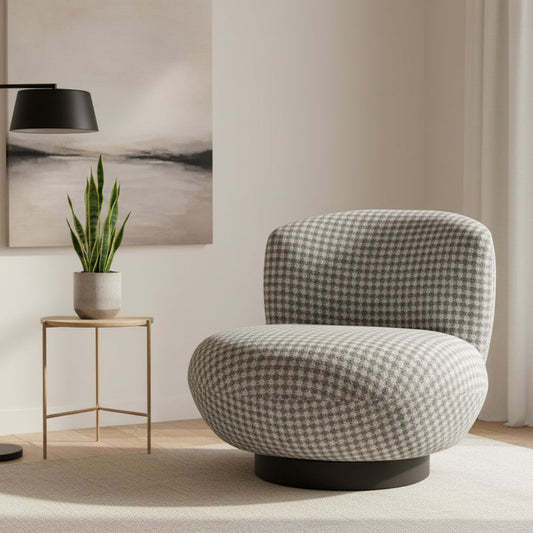 Carlton Furniture Miami Accent Chair is upholstered in a neutral Houndstooth fabric, with soft padded seat and a dark wood swivel base 