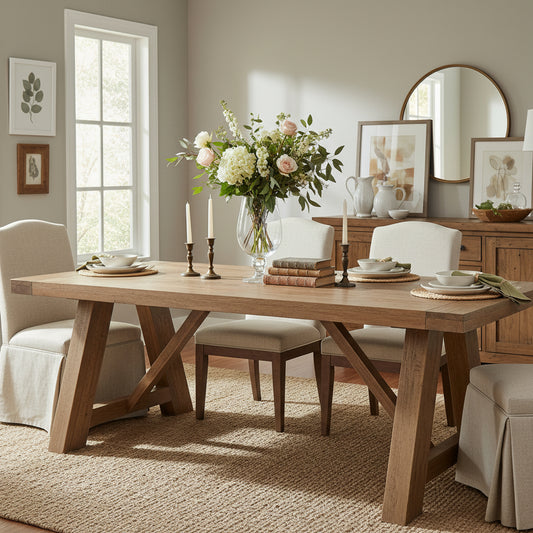 Carlton Furniture Monastery Refectory 2.2m Solid Oak Dining Table with trestle base, can seat 6-8 people at its rectangular table top