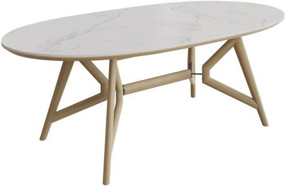 Carlton Furniture Morgan Oval Dining Table with a Bianco Oak wood trestle base and a 220cm sintered stone table top