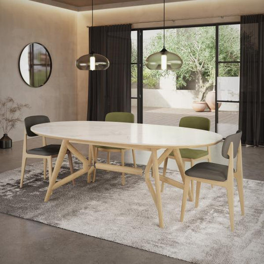 Carlton Furniture Morgan Oval Sintered Stone 220cm Dining Table with a Bianco Oak wood trestle base. Can seat 6-8 people comfortably.