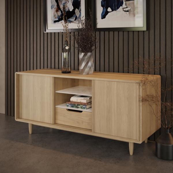 Carlton Furniture Morgan Sideboard crafted from beautiful Bianco Oak wood, with sintered stone middle shelves, a lower drawer and 2 side cupboards for flexible and stylish storage options
