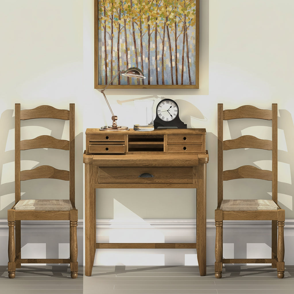 Carlton Furniture Pair of Copeland Ladder Back Chairs made from solid oak wood with curved back detail and turned legs, comfortable padded seat in a neutral fabric