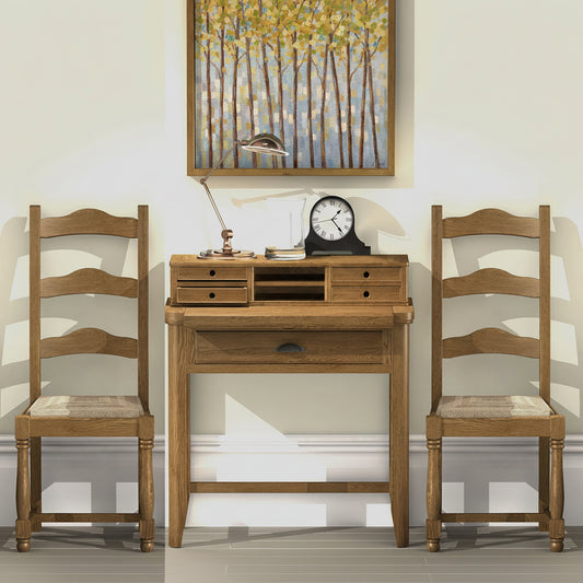 Carlton Furniture Pair of Copeland Ladder Back Chairs made from solid oak wood with curved back detail and turned legs, comfortable padded seat in a neutral fabric