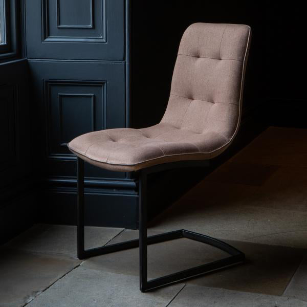 Carlton Furniture Pair of Hampton Dining Chairs in Tawny Fabric with button tufting detail and a black cantilever base