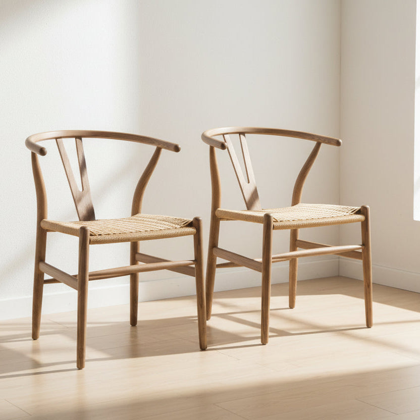 Carlton Furniture Pair of Holcot Wishbone Dining Chairs with a curved oak frame and rope weave seat