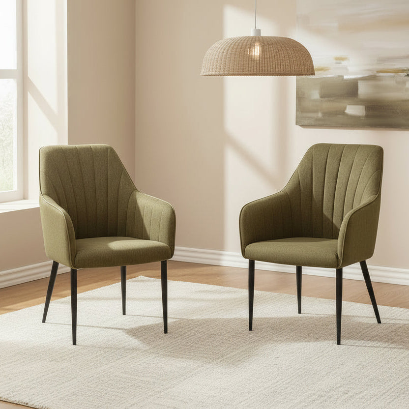 Carlton Furniture Pair of Oliver Dining Chairs Upholstered in a Hunter Green Coloured Fabric with vertical stitched design, and black metal legs